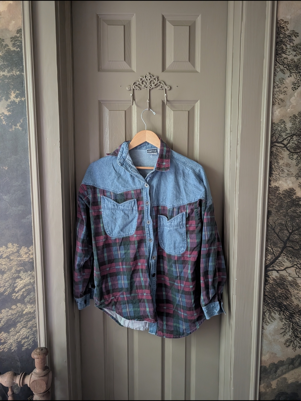 Vintage Denim Yoke Plaid Button-Up Shirt in Blue & Pink